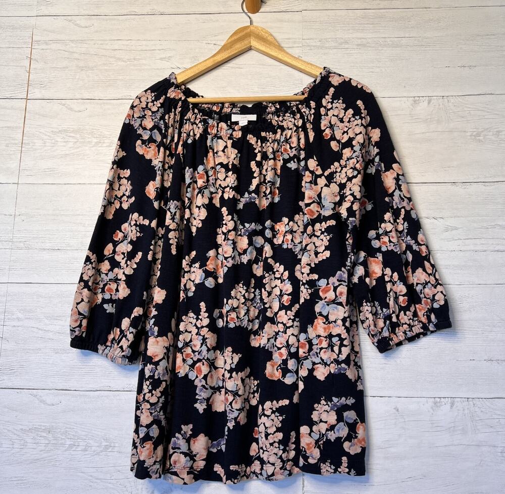 J Jill Blouse Size Large Navy Floral Print 3/4 Sleeve Ruffle Cottagecore Ditsy
